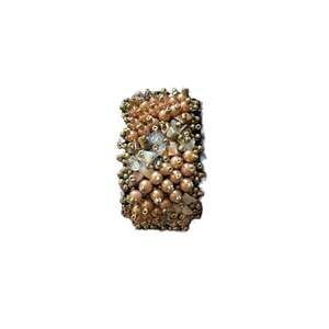 Vintage Brown Cuff Bracelet Bronze Seed Beads Interwoven Semi Precious Stones